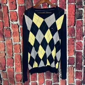 Tommy Hilfiger Sweater Men mens navy/ yellow/ cream V Neck Cotton Pullover